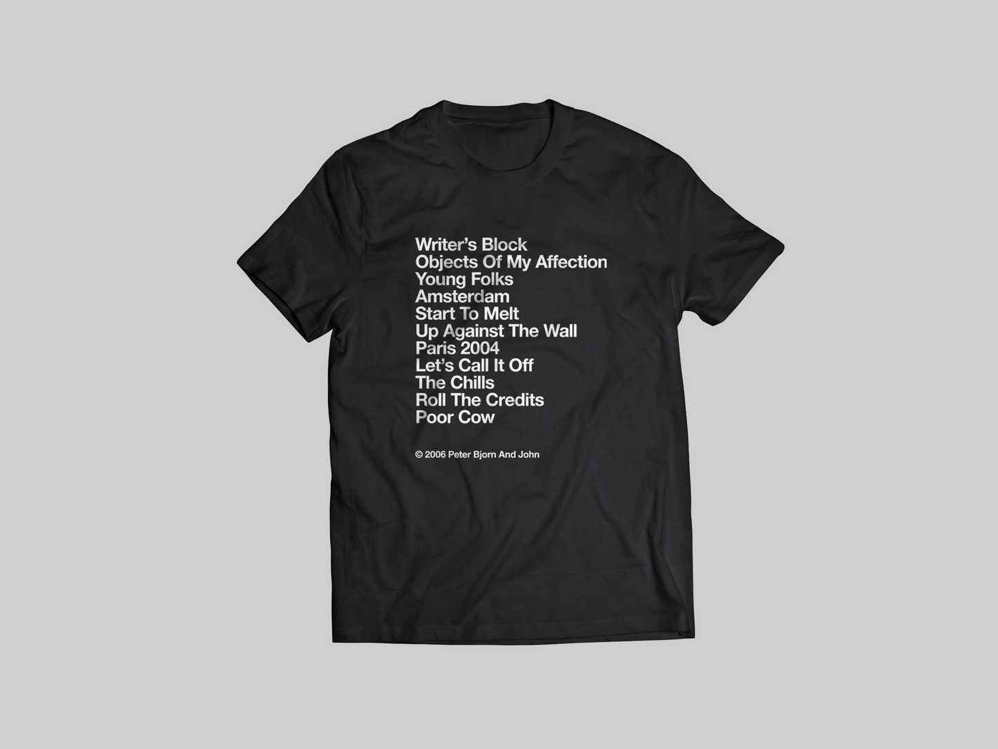 PETER BJORN AND JOHN - WRITER'S BLOCK TRACK LIST - BLACK T-SHIRT