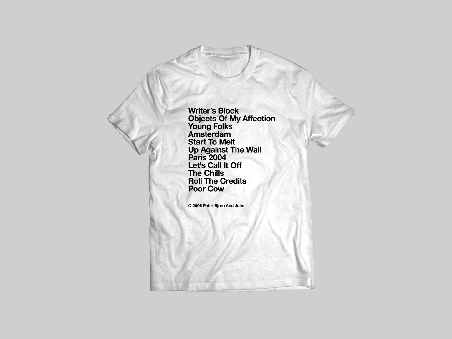 PETER BJORN AND JOHN - WRITER'S BLOCK TRACK LIST - WHITE T-SHIRT